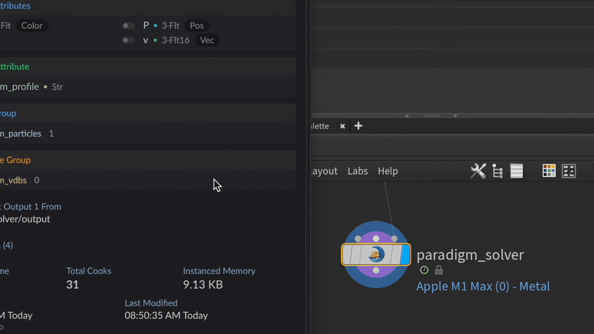a computer screen displaying a software interface on the left detailed attributes include color settings and particle information on the right a circular icon labeled paradigmsolver is highlighted showing a status bar with data about processing and memory digital production A computer screen displaying a software interface. On the left, detailed attributes include color settings and particle information. On the right, a circular icon labeled 'paradigm_solver' is highlighted, showing a status bar with data about processing and memory.