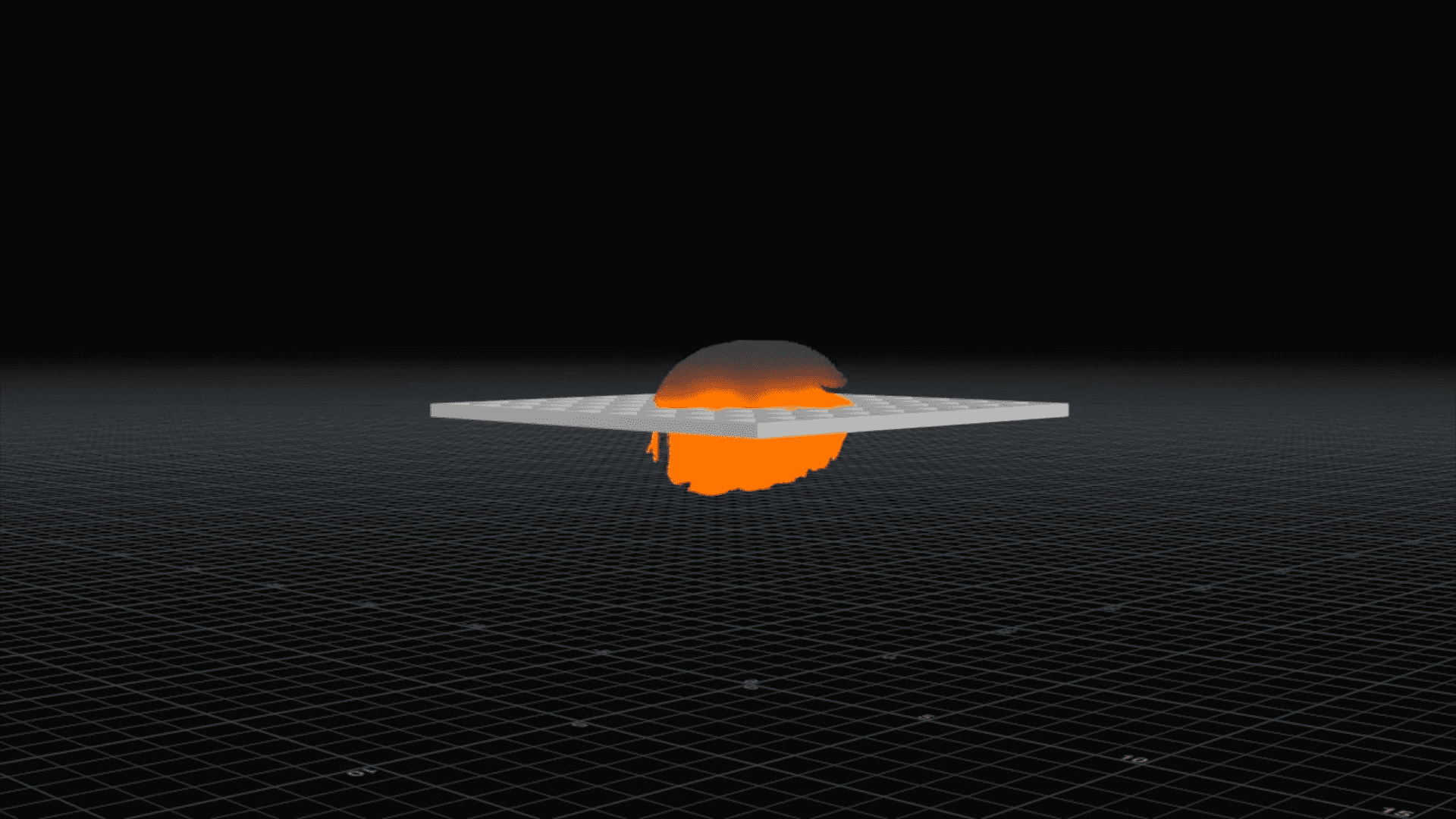 a threedimensional design featuring a glowing orange sphere partially melted onto a flat gridded surface beneath it the background is dark enhancing the vividness of the orange hue creating a striking contrast that draws the viewers eye to the interplay of shape and color digital production A three-dimensional design featuring a glowing orange sphere partially melted onto a flat, gridded surface beneath it. The background is dark, enhancing the vividness of the orange hue, creating a striking contrast that draws the viewer's eye to the interplay of shape and color.