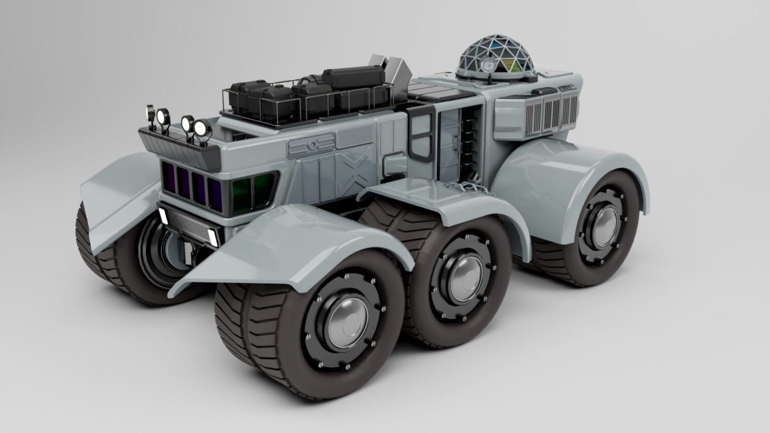 a futuristic gray vehicle with six oversized wheels and an aerodynamic design the front features large tinted windows and multiple lights while the sleek body is equipped with various gadgets on the roof including antennas and a dome structure suggesting advanced technology digital production https://blogs.autodesk.com/media-and-entertainment/wp-content/uploads/sites/162/truck_03_view2-1536x864.jpg