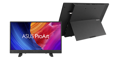 a sleek asus proart monitor features a vibrant screen showcasing a swirl of colors highlighted by the brand name asus proart in bold letters the back view reveals an elegant textured black casing with ports and the monitor stands on sturdy feet digital production https://dlcdnwebimgs.asus.com/files/media/bf0503b0-d108-421a-9010-9550bcb6205c/v1/img/proart/twowaystand.png