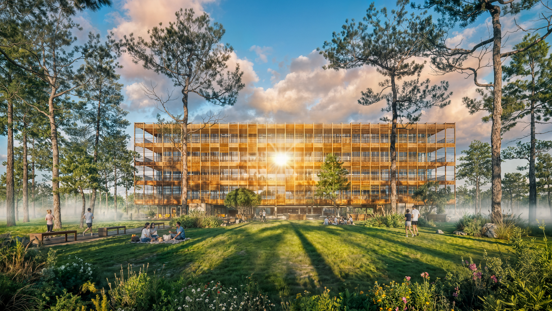 a modern wooden building stands amidst lush greenery bathed in golden sunlight tall pines frame the scene while scattered benches invite relaxation people enjoy the fresh air creating a lively yet serene atmosphere with soft mist hovering over the vibrant grass digital production A modern wooden building stands amidst lush greenery, bathed in golden sunlight. Tall pines frame the scene, while scattered benches invite relaxation. People enjoy the fresh air, creating a lively yet serene atmosphere, with soft mist hovering over the vibrant grass.