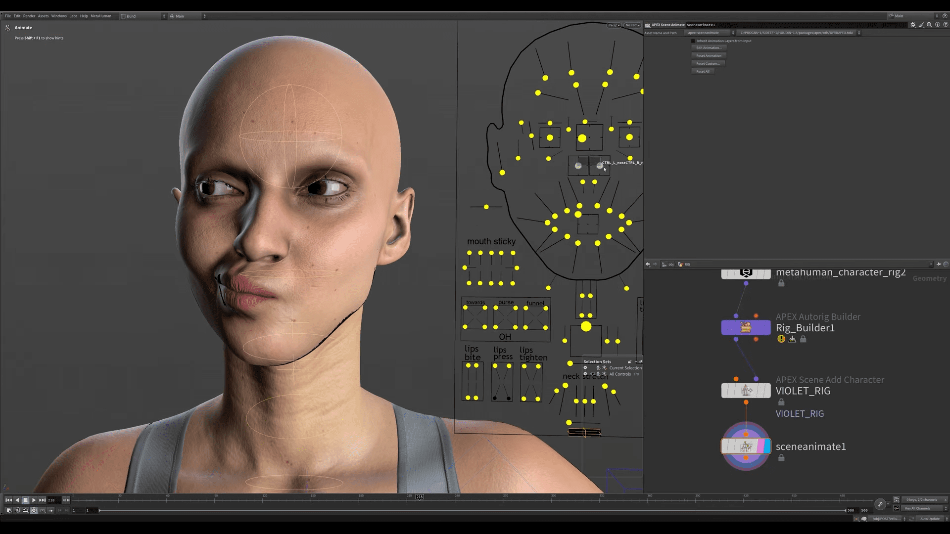 a closeup of a 3d digital humanoid character showcasing intricate facial details and expressions the character has smooth skin a shaved head and a slight frown in the background a technical interface displays yellow markers over a facial mesh and various file names hinting at animation or modeling work digital production A close-up of a 3D digital humanoid character, showcasing intricate facial details and expressions. The character has smooth skin, a shaved head, and a slight frown. In the background, a technical interface displays yellow markers over a facial mesh and various file names, hinting at animation or modeling work.