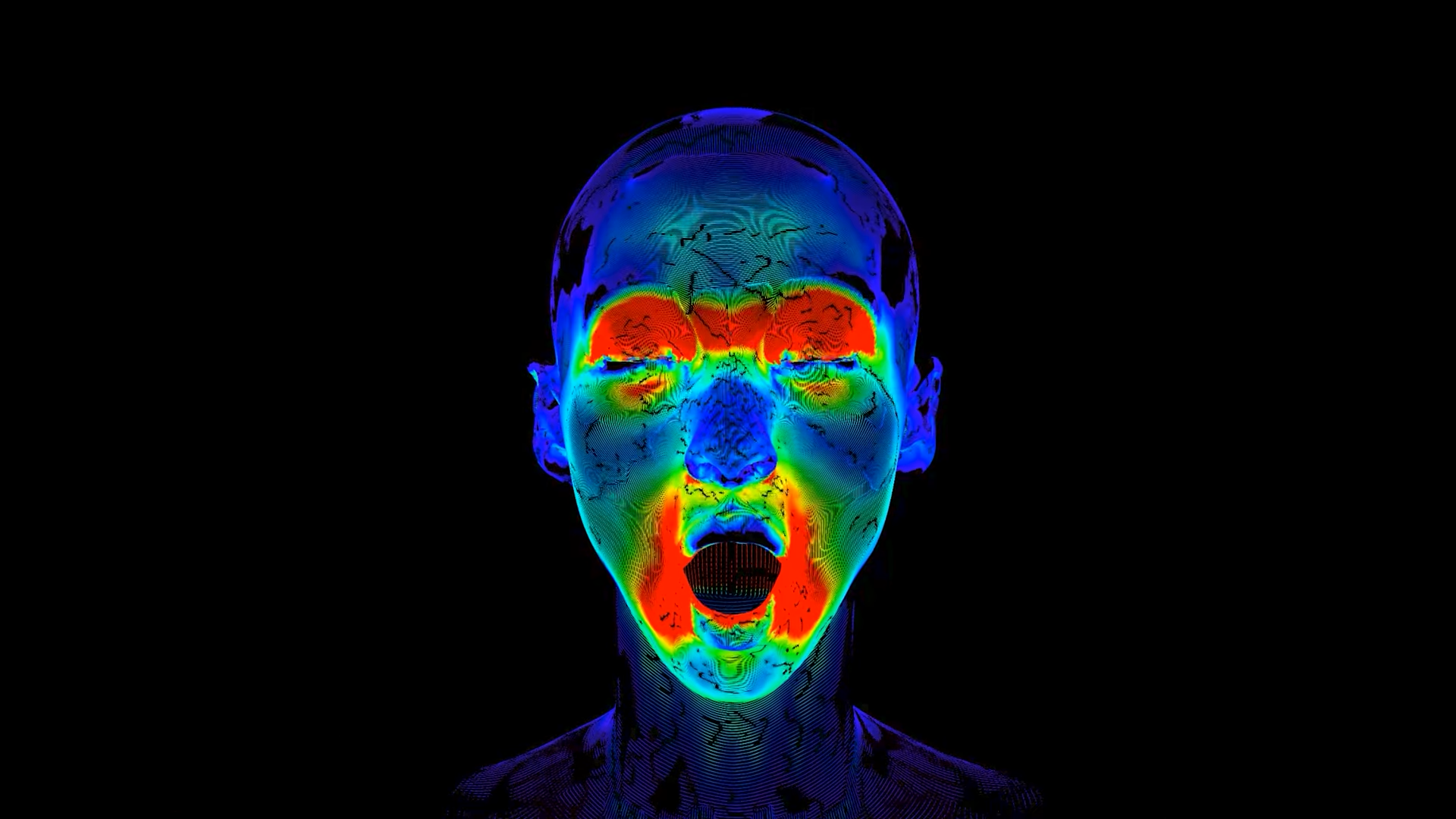 a striking thermal image of a persons face displaying vivid colors of electric blue bright red and glowing yellow the figure appears to be screaming with pronounced details in expression and contour set against a stark black background that enhances the vibrant heatsensitive colors digital production A striking thermal image of a person's face, displaying vivid colors of electric blue, bright red, and glowing yellow. The figure appears to be screaming, with pronounced details in expression and contour, set against a stark black background that enhances the vibrant, heat-sensitive colors.