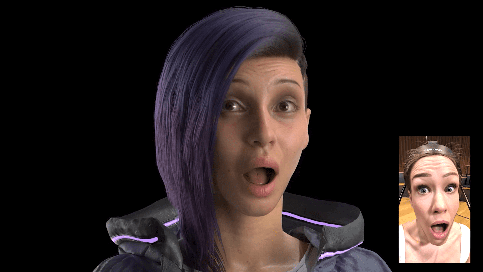 a digital humanoid figure with striking purple hair and light skin shows surprise mouth open wide in astonishment an inset image displays a real person with a similar expression showcasing her excitement in a sports setting with wooden floors and a gym backdrop digital production A digital humanoid figure with striking purple hair and light skin shows surprise, mouth open wide in astonishment. An inset image displays a real person with a similar expression, showcasing her excitement in a sports setting with wooden floors and a gym backdrop.