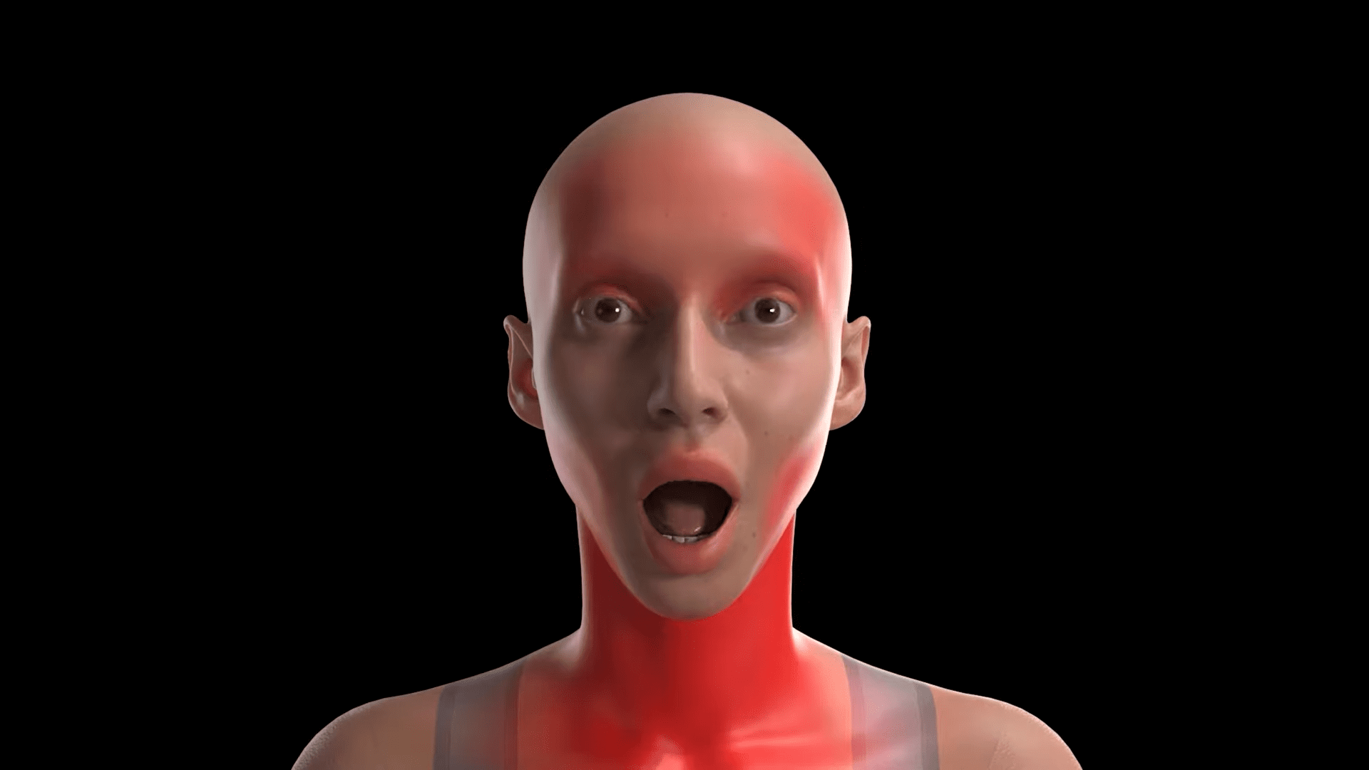 a stylized humanoid figure with a bald head and an open mouth expressing shock the face features a blend of realistic skin tones with sections colored in a vibrant red highlighting areas from the neck to the face set against a solid black background digital production A stylized humanoid figure with a bald head and an open mouth, expressing shock. The face features a blend of realistic skin tones with sections colored in a vibrant red, highlighting areas from the neck to the face, set against a solid black background.