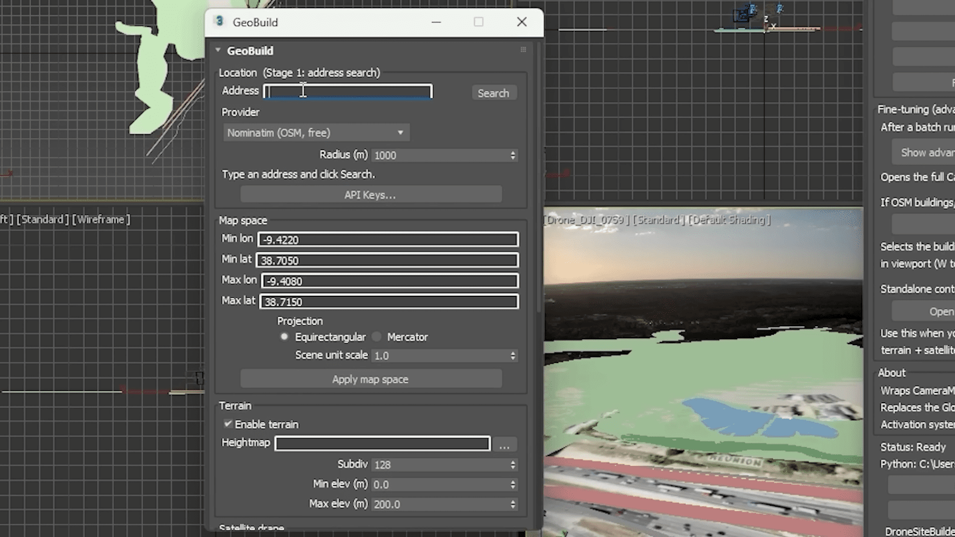 a software interface showing the geobuild tool featuring fields for location input with address and provider options the background displays a 3d landscape with a water body surrounded by green areas and a road with grid lines overlaying the design the colors are predominantly green and blue digital production A software interface showing the GeoBuild tool, featuring fields for location input with address and provider options. The background displays a 3D landscape with a water body surrounded by green areas and a road, with grid lines overlaying the design. The colors are predominantly green and blue.