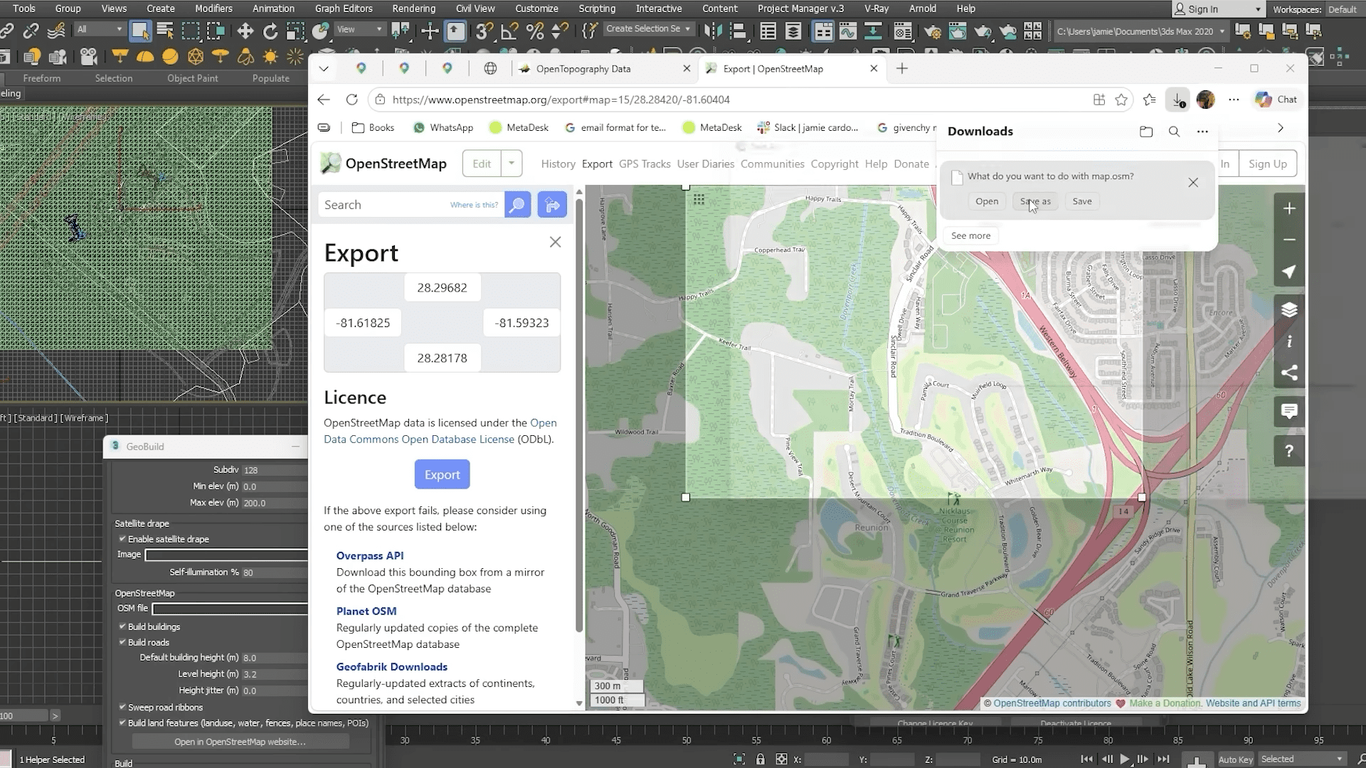 a computer screen displaying a software interface with a map from openstreetmap the map features green areas representing trees and parks with various roads and pathways outlined in red grey and white the left side shows export options and coordinates for map data digital production A computer screen displaying a software interface with a map from OpenStreetMap. The map features green areas representing trees and parks, with various roads and pathways outlined in red, grey, and white. The left side shows export options and coordinates for map data.