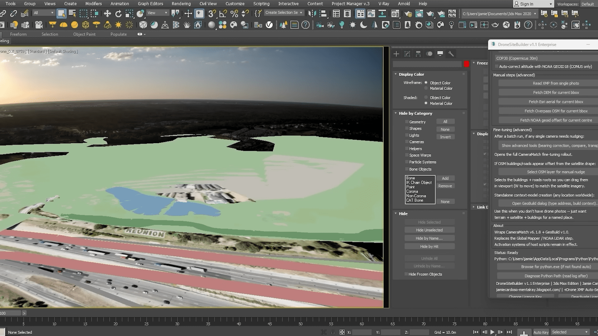 a 3d rendering of a vast landscape featuring a serene lake surrounded by green areas and dark patches of land under a golden sunset sky in the foreground a busy highway with vehicles connects to the scene and detailed software tools are visible in a sidebar digital production Screenshot of 3ds Max UI showing a 3D landscape scene with a coastal horizon, water, and a road in the foreground.