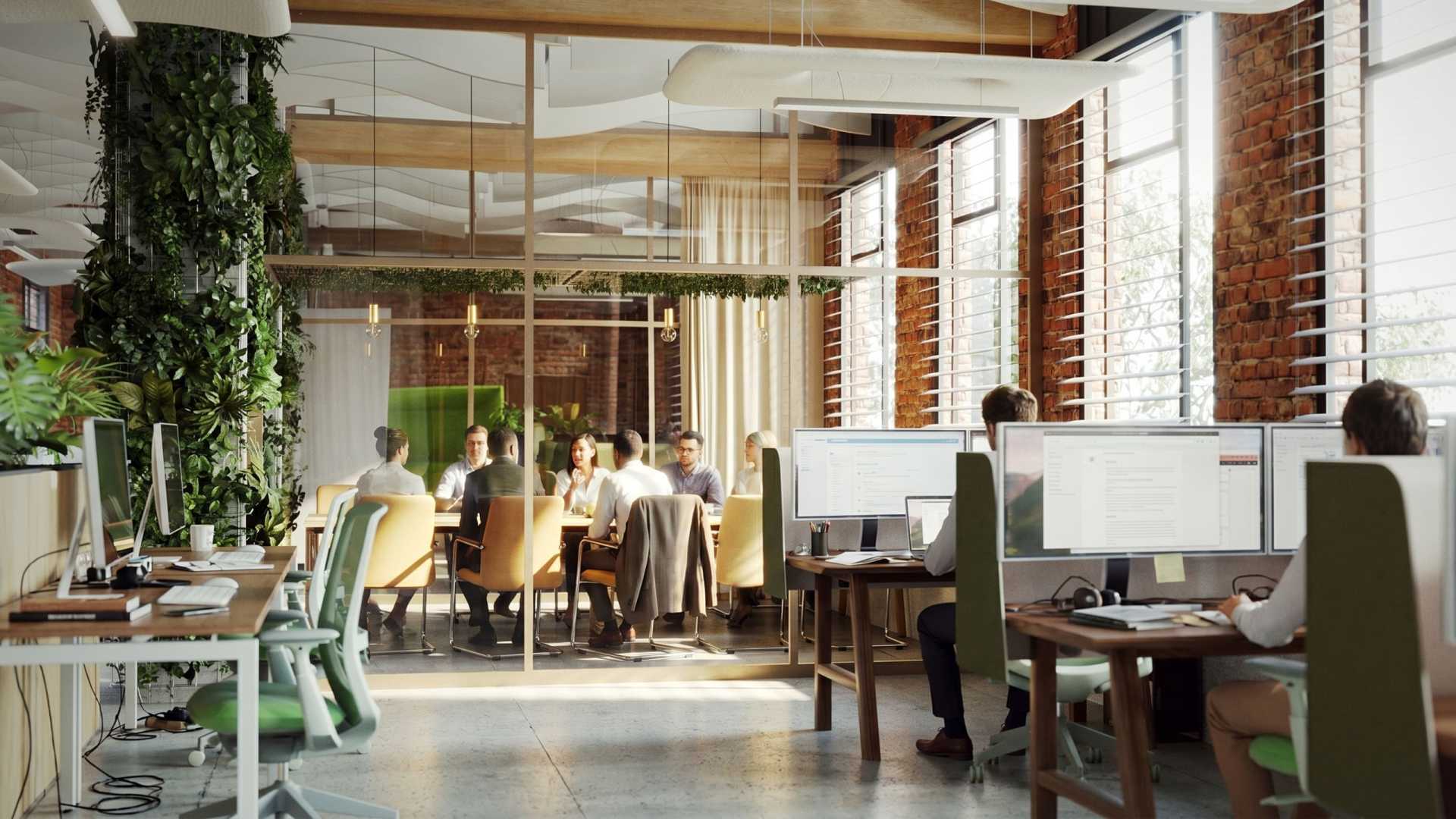 a bright and contemporary office space featuring large windows with sunlight streaming in several individuals are engaged in a meeting at a wooden table surrounded by greenery workstations with monitors and ergonomic chairs are arranged in the foreground digital production A bright and contemporary office space featuring large windows with sunlight streaming in. Several individuals are engaged in a meeting at a wooden table, surrounded by greenery. Workstations with monitors and ergonomic chairs are arranged in the foreground.
