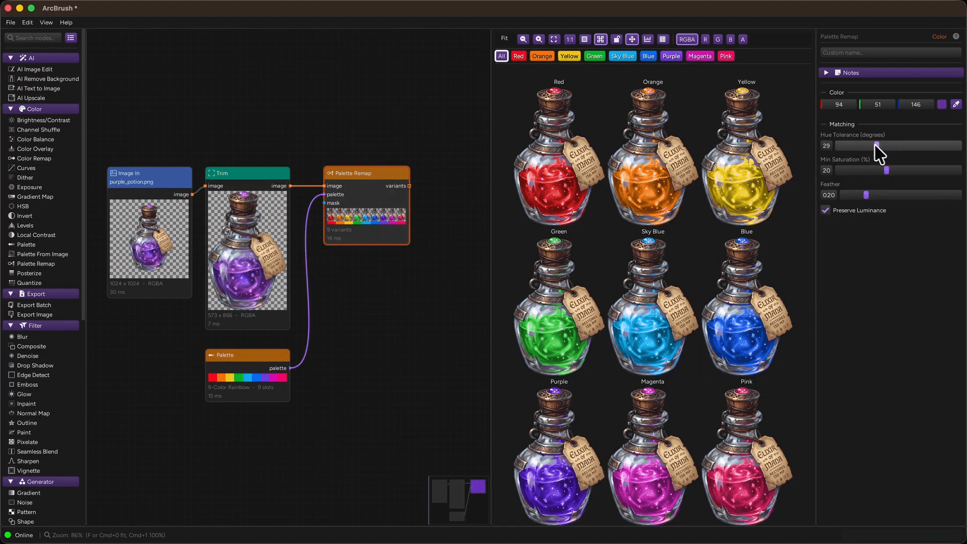 a digital interface displaying various potion bottles arranged in a grid each transparent bottle topped with a cork contains vibrant colored liquidsred orange yellow green blue and purplealong with brown tags attached to each the interface includes a color adjustment panel on the left digital production A digital interface displaying various potion bottles arranged in a grid. Each transparent bottle, topped with a cork, contains vibrant, colored liquids—red, orange, yellow, green, blue, and purple—along with brown tags attached to each. The interface includes a color adjustment panel on the left.