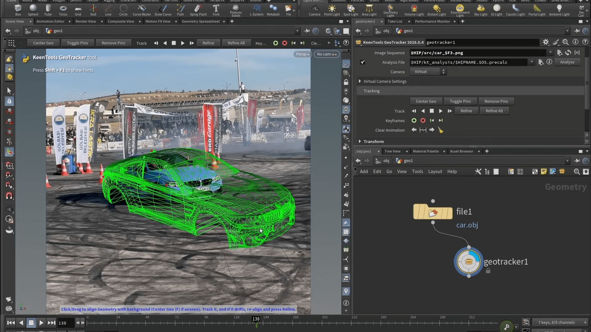 a 3d rendering of a car overlaid with a green wireframe model set against a backdrop of smoke and banners at a drifting event the scene captures digital tracking software in use with a user interface displaying geometry details and settings enhancing the visual experience digital production A 3D rendering of a car overlaid with a green wireframe model, set against a backdrop of smoke and banners at a drifting event. The scene captures digital tracking software in use, with a user interface displaying geometry details and settings, enhancing the visual experience.