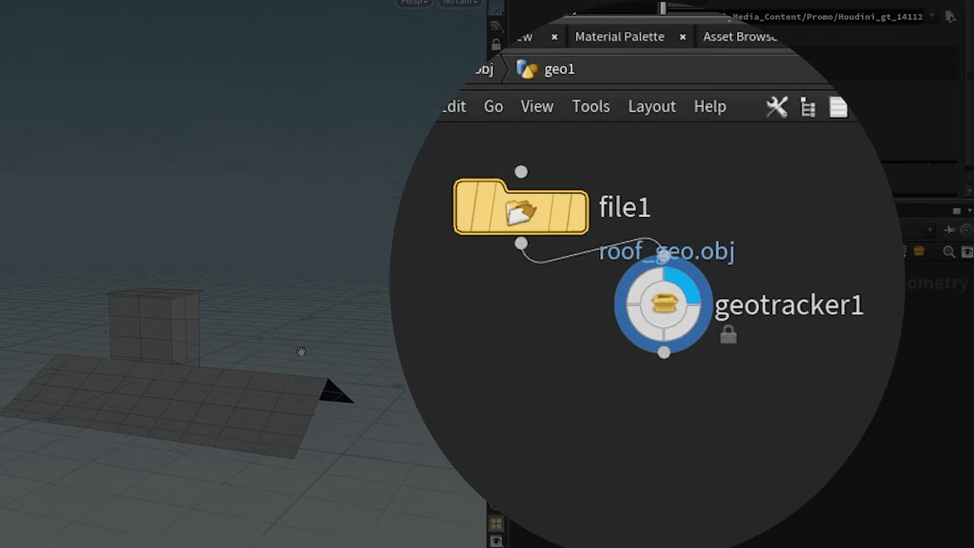 a closeup view of a digital workspace displays a geometric model setup a yellow folder labeled file1 is connected by a line to a circular node named geotracker1 the background features a 3d grid layout and the interface contains toolbars indicating a software design or modeling environment digital production A close-up view of a digital workspace displays a geometric model setup. A yellow folder labeled 'file1' is connected by a line to a circular node named 'geotracker1.' The background features a 3D grid layout, and the interface contains toolbars, indicating a software design or modeling environment.