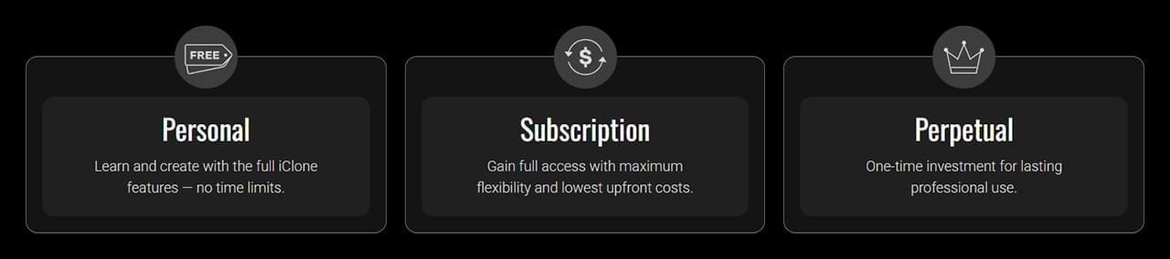 a sleek minimalist design showcases three distinct pricing options for iclone displayed on a dark background each option is encircled in a bold black circle featuring icons representing free subscription and perpetual text beneath each option clearly describes the benefits the elegant presentation enhances the contemporary aesthetic digital production A sleek, minimalist design showcases three distinct pricing options for iClone, displayed on a dark background. Each option is encircled in a bold black circle, featuring icons representing 'Free', 'Subscription', and 'Perpetual'. Text beneath each option clearly describes the benefits; the elegant presentation enhances the contemporary aesthetic.