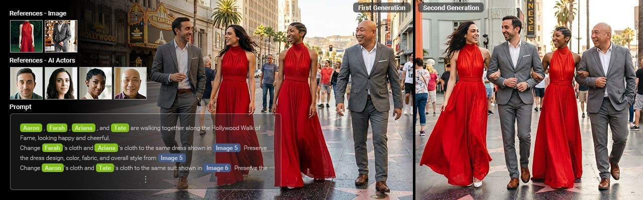 a stylish group of four adults stroll confidently along a vibrant hollywood street framed by palm trees and colorful storefronts two women in flowing red dresses contrast with the men in tailored gray suits soft sunlight enhances the lively atmosphere digital production A stylish group of four adults stroll confidently along a vibrant Hollywood street, framed by palm trees and colorful storefronts. Two women in flowing red dresses contrast with the men in tailored gray suits. Soft sunlight enhances the lively atmosphere.