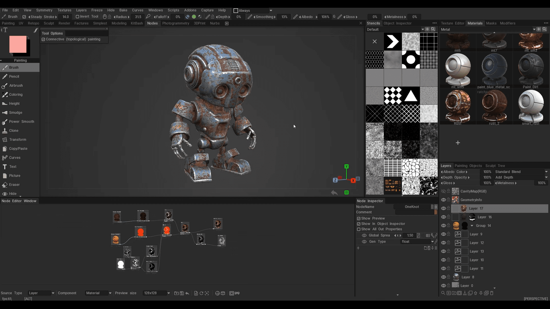 a playful rusty robot figure stands at the center showcasing a worn metallic texture with aged blue hues and rivets surrounding the model a digital interface displays various materials and patterns hinting at an active 3d modeling workspace filled with creative potential digital production A playful, rusty robot figure stands at the center, showcasing a worn metallic texture with aged blue hues and rivets. Surrounding the model, a digital interface displays various materials and patterns, hinting at an active 3D modeling workspace filled with creative potential.