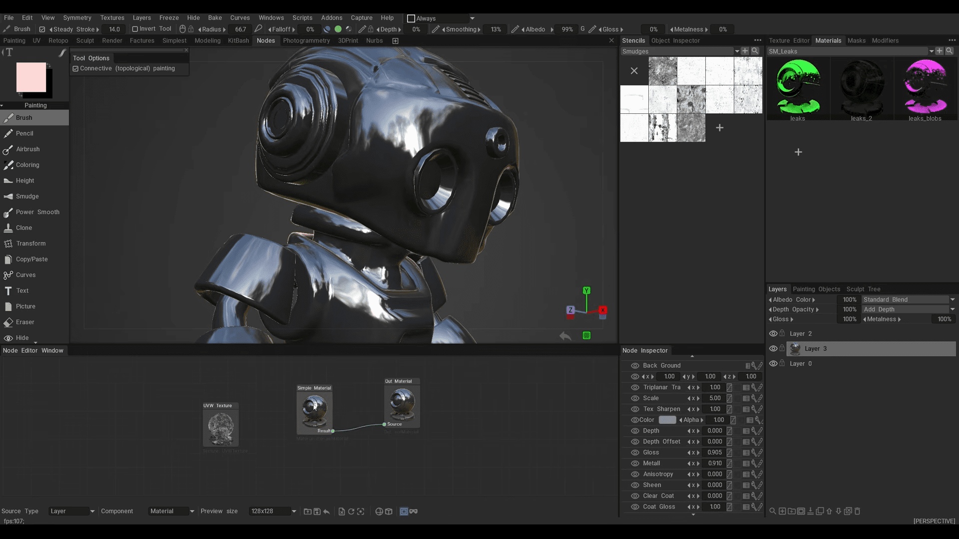 a glossy black robot model with rounded features and large expressive eyes is displayed in a 3d modeling software interface the screen showcases various tools and textures on a dark background creating a sleek hightech atmosphere filled with digital design elements digital production A glossy, black robot model with rounded features and large, expressive eyes is displayed in a 3D modeling software interface. The screen showcases various tools and textures on a dark background, creating a sleek, high-tech atmosphere filled with digital design elements.