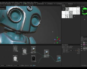 A stylized 3D robot head, characterized by its rounded, metallic features and blue patina, is prominently displayed in a digital design environment. Surrounding it are vibrant color swatches and texture maps, indicating a creative workspace. The interface shows nodes connecting different shaders, reflecting a complex illustrative process.