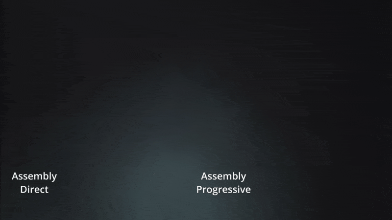 bonsai assembly 800 digital production Animated comparison of two assembly methods: Assembly Direct and Assembly Progressive, displayed side by side.