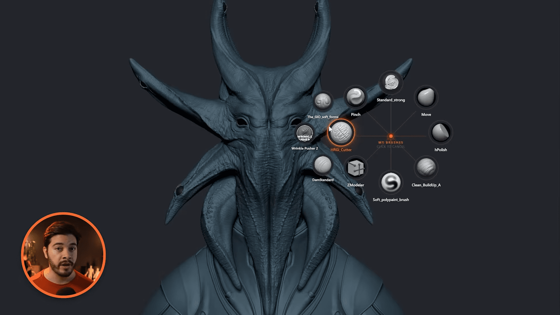 a highly detailed digital sculpture of a fantastical creature with intricate horns and textured skin set against a dark background nearby a circular interface displays various brush options while a small circular image features a man with dark hair offering a guide to the sculpture creation process digital production A highly detailed digital sculpture of a fantastical creature with intricate horns and textured skin, set against a dark background. Nearby, a circular interface displays various brush options, while a small circular image features a man with dark hair, offering a guide to the sculpture creation process.