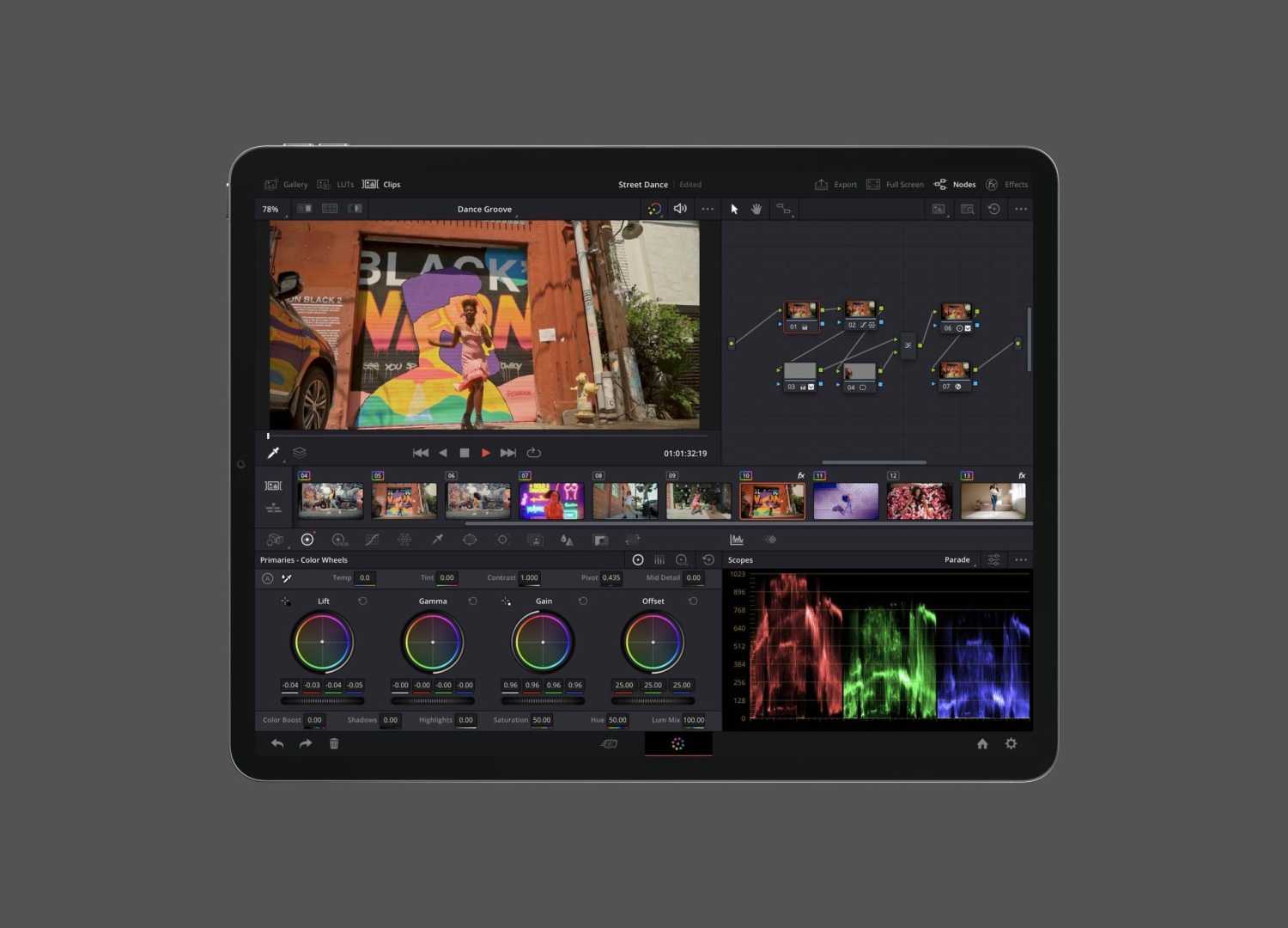 a sleek tablet displaying a sophisticated video editing interface the screen showcases colorful clips arranged in a timeline with vibrant circular color wheels below a side panel features intricate node connections for advanced editing functions all set against a muted gray backdrop that enhances focus on the content digital production A sleek tablet displaying a sophisticated video editing interface. The screen showcases colorful clips arranged in a timeline, with vibrant circular color wheels below. A side panel features intricate node connections for advanced editing functions, all set against a muted gray backdrop that enhances focus on the content.