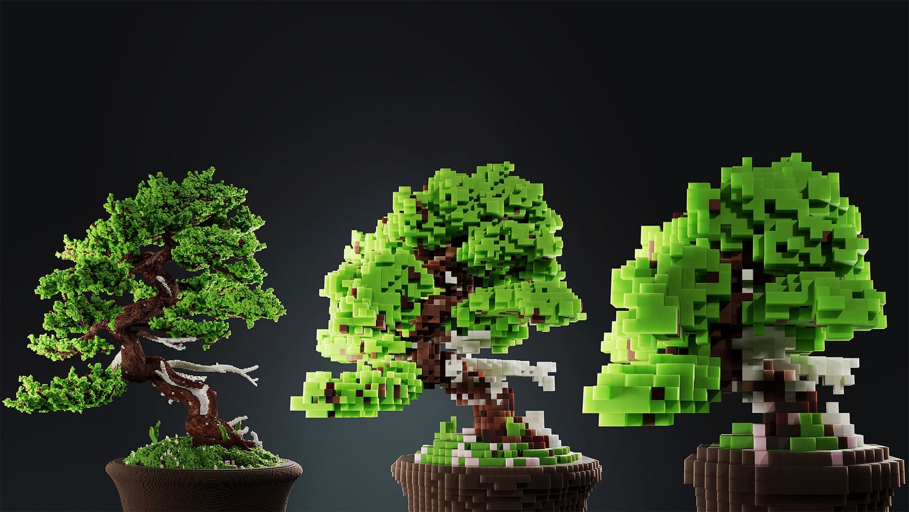 three pixelated bonsai trees in colorful pots are artfully arranged against a dark background each tree showcases a unique shape and vibrant green foliage with intricate branching details and digital block structures that evoke a modern artistic flair digital production Three pixelated bonsai trees in colorful pots are artfully arranged against a dark background. Each tree showcases a unique shape and vibrant green foliage, with intricate branching details and digital block structures that evoke a modern, artistic flair.