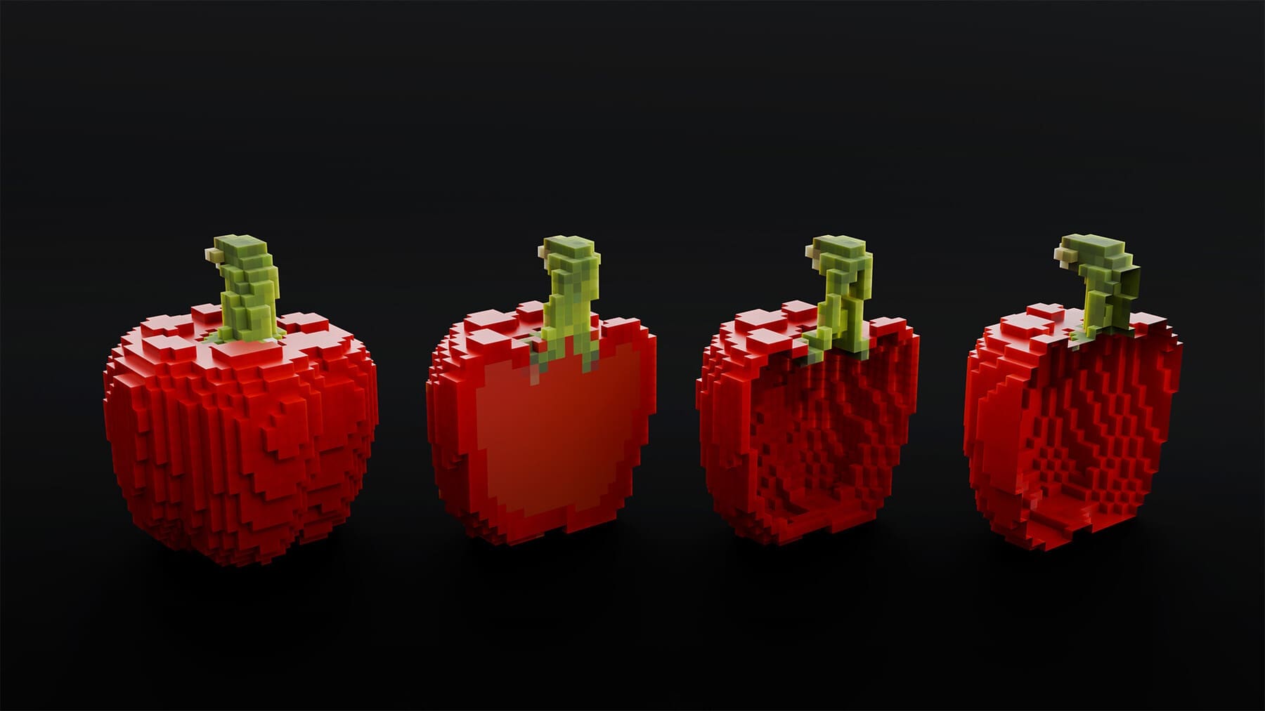 four vibrant pixelated red bell peppers with green stems arranged in a row against a smooth black background each pepper is crafted from distinct blocklike shapes emphasizing a digital modern aesthetic digital production Four vibrant, pixelated red bell peppers with green stems, arranged in a row against a smooth black background. Each pepper is crafted from distinct, block-like shapes, emphasizing a digital, modern aesthetic.