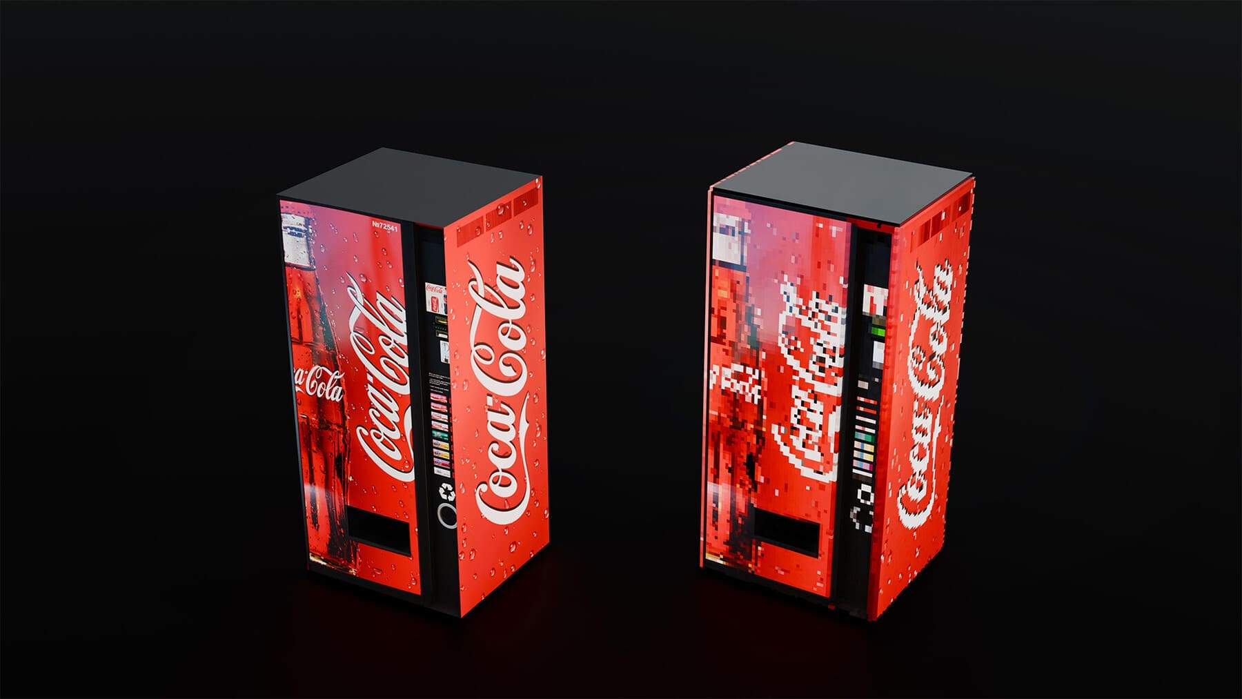 two vending machines both adorned with vibrant red cocacola branding stand side by side against a sleek black background each machine is illuminated showcasing a glossy exterior and a selection of drinks visible behind glass fronts radiating a refreshing allure digital production Two vending machines, both adorned with vibrant red Coca-Cola branding, stand side by side against a sleek black background. Each machine is illuminated, showcasing a glossy exterior and a selection of drinks visible behind glass fronts, radiating a refreshing allure.