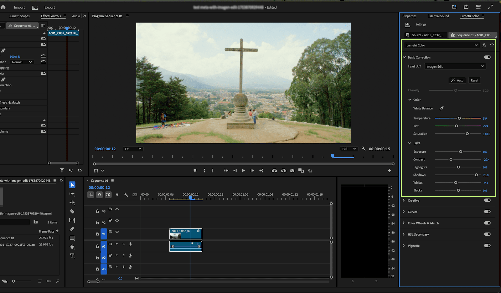 a scenic view of a cross atop a hill surrounded by lush greenery with a distant cityscape nestled in the valley below in the foreground the editing interface of video editing software displays a timeline with clips while adjustment controls for color and effects are arranged neatly to the right emphasizing a creative workspace atmosphere digital production A scenic view of a cross atop a hill, surrounded by lush greenery, with a distant cityscape nestled in the valley below. In the foreground, the editing interface of video editing software displays a timeline with clips, while adjustment controls for color and effects are arranged neatly to the right, emphasizing a creative workspace atmosphere.