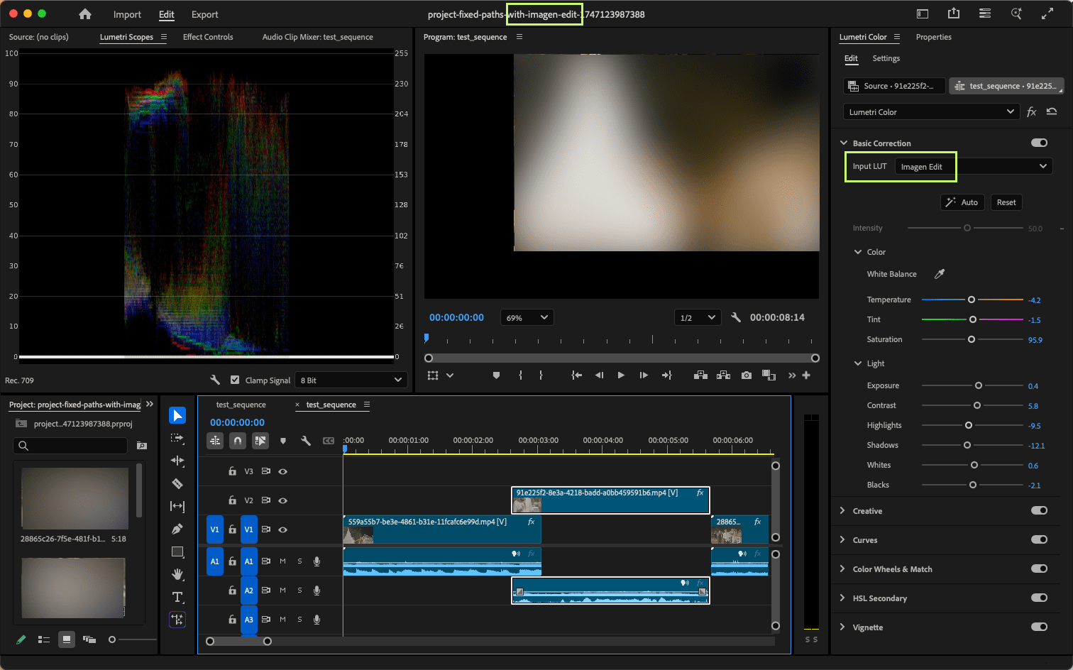 a digital editing interface displayed on a sleek dark workspace background the left panel shows video thumbnails and a color wave graph while the central area features a timeline with blue highlighted segments the right side shows detailed adjustment sliders for video properties like brightness and contrast enhancing creative control and precision digital production A digital editing interface displayed on a sleek, dark workspace background. The left panel shows video thumbnails and a color wave graph, while the central area features a timeline with blue highlighted segments. The right side shows detailed adjustment sliders for video properties like brightness and contrast, enhancing creative control and precision.