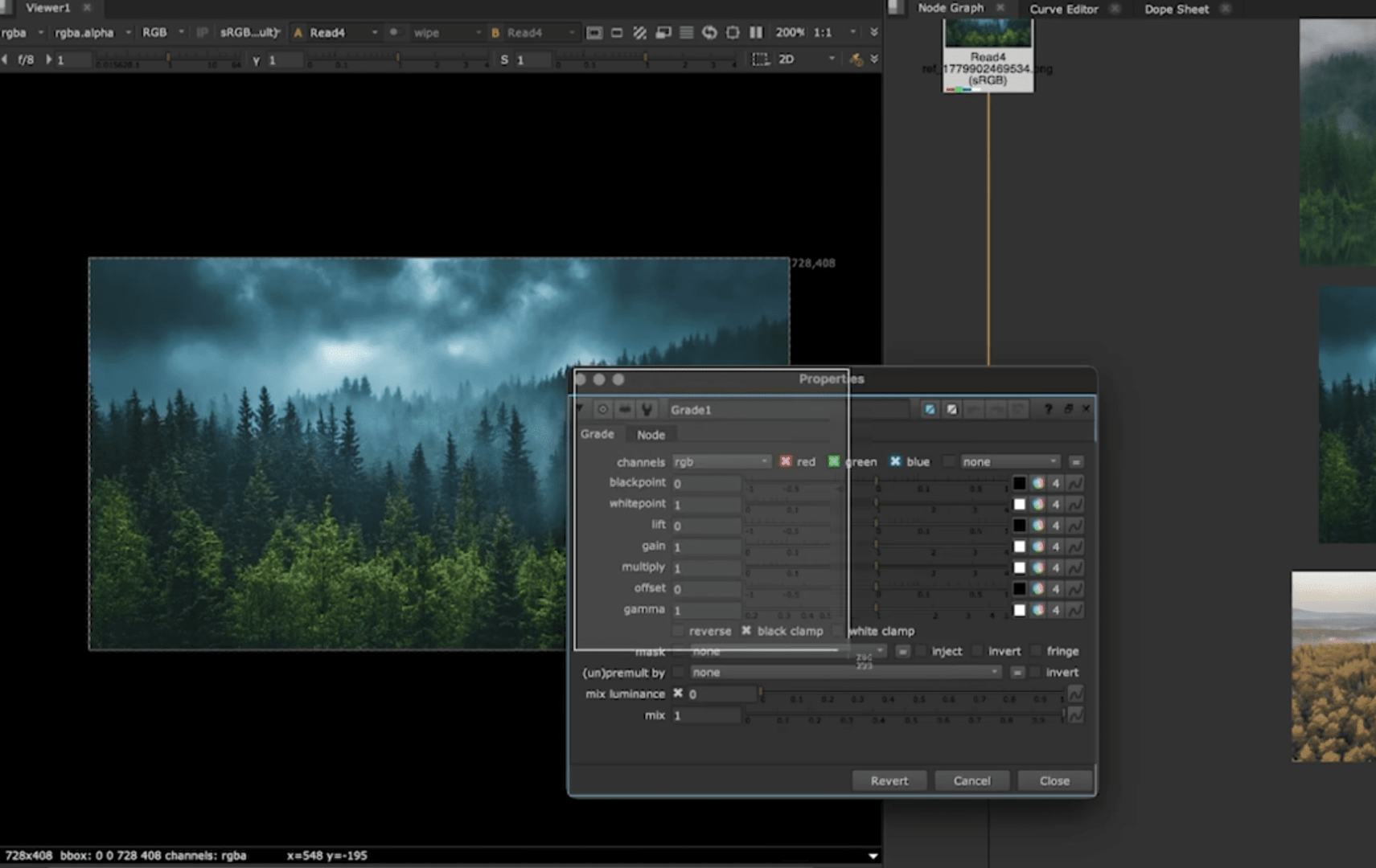 a digital editing workspace showcases a dark interface with a large forest image prominently displayed the scene features dense lush green coniferous trees against a dramatic sky filled with swirling moody clouds an editing panel with various settings overlays the image indicating adjustments to color channels and gradients digital production A digital editing workspace showcases a dark interface with a large forest image prominently displayed. The scene features dense, lush green coniferous trees against a dramatic sky filled with swirling, moody clouds. An editing panel with various settings overlays the image, indicating adjustments to color channels and gradients.