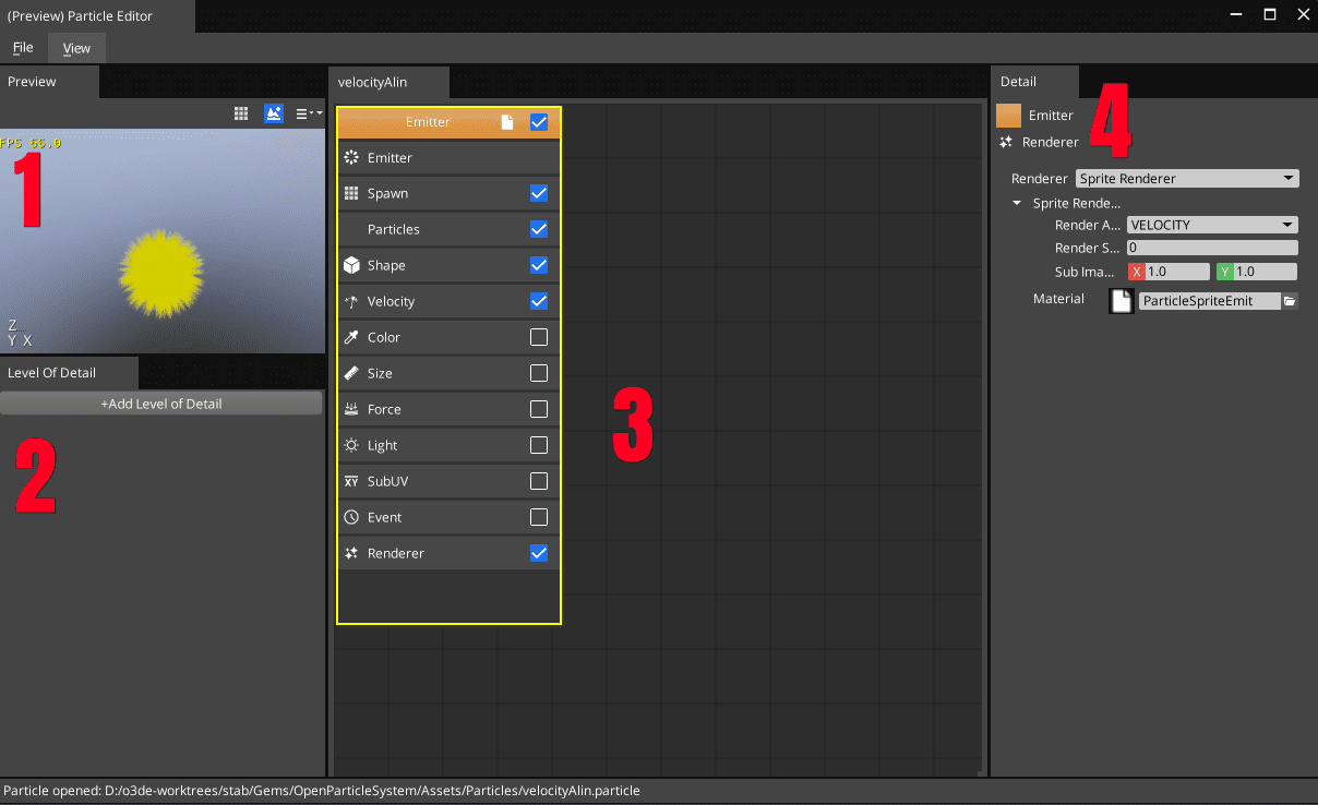 a computer interface displaying a particle editing tool on the left a bright radiant yellow sunburst icon glows against a soft blue background in the center a grid workspace shows various settings with labeled categories like emitter and renderer highlighted in a vibrant yellow the right panel features detailed properties for the selected emitter including options for light size and color presented in a sleek modern layout against a dark backdrop digital production A computer interface displaying a particle editing tool. On the left, a bright, radiant yellow sunburst icon glows against a soft blue background. In the center, a grid workspace shows various settings, with labeled categories like 'Emitter' and 'Renderer,' highlighted in a vibrant yellow. The right panel features detailed properties for the selected emitter, including options for light, size, and color, presented in a sleek, modern layout against a dark backdrop.