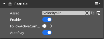 a sleek digital interface displays a particle asset settings panel showcasing options like enable and autoplay toggles in bright blue against a deep gray background the minimalist layout emphasizes clarity with neatly arranged text fields enhancing usability digital production A sleek digital interface displays a particle asset settings panel, showcasing options like 'Enable' and 'AutoPlay' toggles in bright blue against a deep gray background. The minimalist layout emphasizes clarity, with neatly arranged text fields enhancing usability.