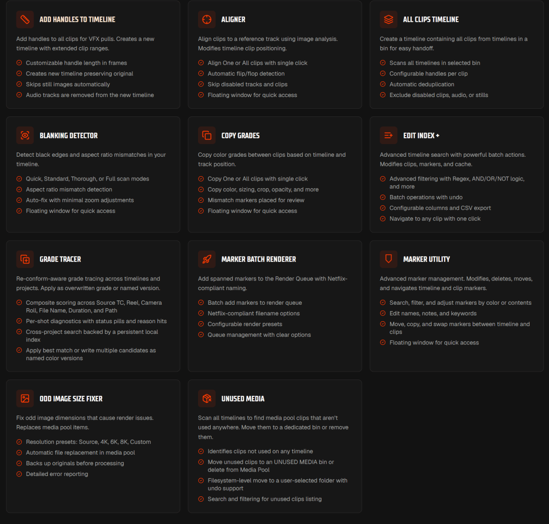 a darkthemed software interface featuring a variety of functional icons and text labels each tool is framed in a clean rectangular layout with vibrant orange accents enhancing visibility the design emphasizes usability with clear headings for functionalities such as timeline editing grade tracing and media management digital production A dark-themed software interface featuring a variety of functional icons and text labels. Each tool is framed in a clean, rectangular layout with vibrant orange accents, enhancing visibility. The design emphasizes usability, with clear headings for functionalities such as timeline editing, grade tracing, and media management.