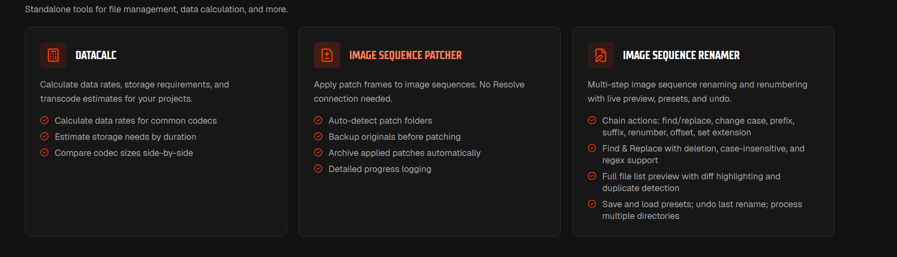 a sleek digital interface presents three tool options for data management each highlighted in rectangular sections with rounded corners the background features a dark theme enhancing the vibrant orange icons and white text that succinctly describe tools for data calculation patching images and renaming sequences digital production A sleek digital interface presents three tool options for data management, each highlighted in rectangular sections with rounded corners. The background features a dark theme, enhancing the vibrant orange icons and white text that succinctly describe tools for data calculation, patching images, and renaming sequences.