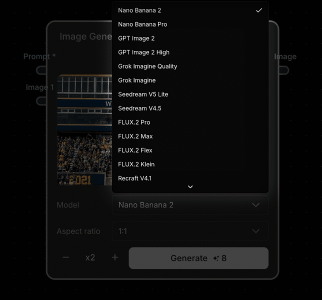 an animated interface showcasing an ai image generation tool the menu displays various model options including nano banana 2 selected at the top below an engaging preview image reveals vibrant colors and dynamic subjects set against a dark background dotted with gridlines adding a modern techsavvy aesthetic digital production An animated interface showcasing an AI image generation tool. The menu displays various model options, including 'Nano Banana 2' selected at the top. Below, an engaging preview image reveals vibrant colors and dynamic subjects, set against a dark background dotted with gridlines, adding a modern, tech-savvy aesthetic.