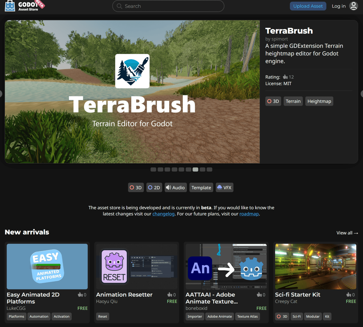 a digital interface showcasing the terrabrush asset for the godot game engine the screen features lush greenery and a calm water body with a prominent logo at the center below highlighted asset thumbnails display new arrivals combining vibrant colors and clean lines evoking a creative workspace digital production A digital interface showcasing the 'TerraBrush' asset for the Godot game engine. The screen features lush greenery and a calm water body, with a prominent logo at the center. Below, highlighted asset thumbnails display new arrivals, combining vibrant colors and clean lines, evoking a creative workspace.