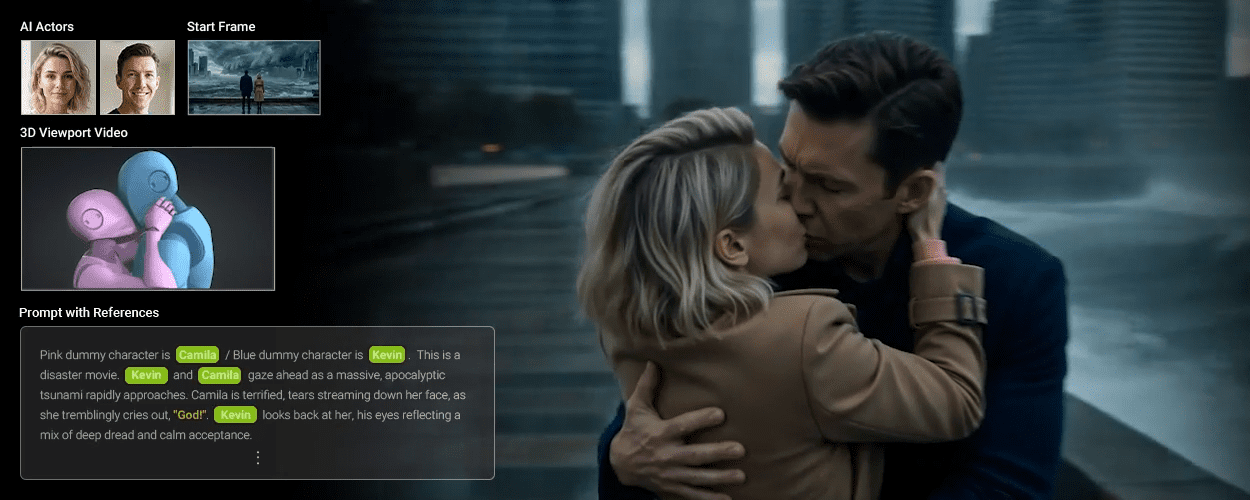 a couple embraces passionately on a misty urban waterfront the man clad in a dark jacket leans in towards a woman with flowing hair wrapped in a cozy beige coat distant skyscrapers loom under a gray sky evoking a serene yet dynamic atmosphere while rippling water reflects muted tones digital production A couple embraces passionately on a misty urban waterfront. The man, clad in a dark jacket, leans in towards a woman with flowing hair, wrapped in a cozy beige coat. Distant skyscrapers loom under a gray sky, evoking a serene yet dynamic atmosphere, while rippling water reflects muted tones.
