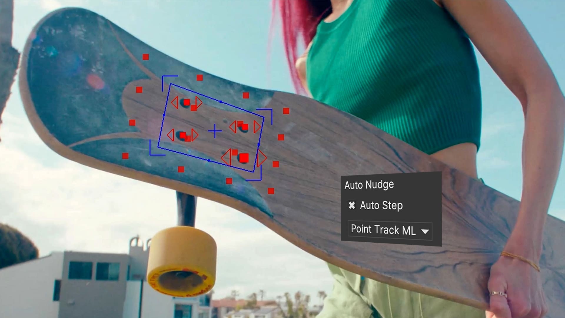 a closeup view of a skateboard held by an individual showcasing its intricately designed wooden deck with a smooth natural grain bright red markers frame the central area hinting at a digital editing tool the background features urban architecture under a clear sky enhancing the skateboarding atmosphere digital production A close-up view of a skateboard held by an individual, showcasing its intricately designed wooden deck with a smooth, natural grain. Bright red markers frame the central area, hinting at a digital editing tool. The background features urban architecture under a clear sky, enhancing the skateboarding atmosphere.