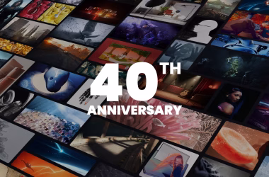 A vibrant collage of various artworks celebrating a milestone, featuring contrasting images and colors arranged in a dynamic grid. Bold white text stating "40TH ANNIVERSARY" stands prominently in the center, highlighting this significant occasion with excitement.