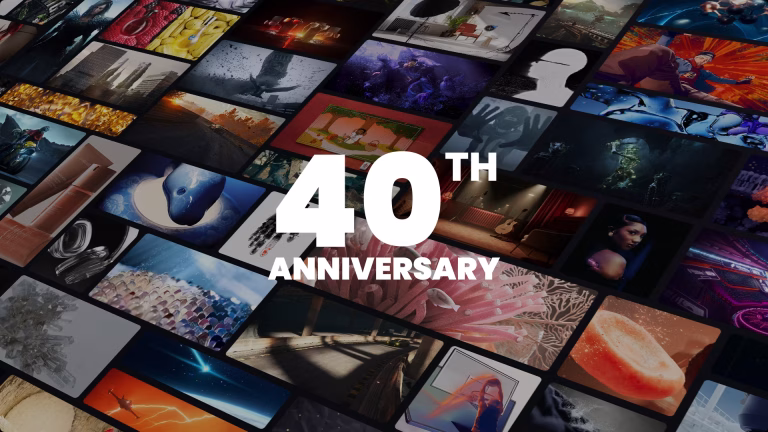 A vibrant collage of various artworks celebrating a milestone, featuring contrasting images and colors arranged in a dynamic grid. Bold white text stating "40TH ANNIVERSARY" stands prominently in the center, highlighting this significant occasion with excitement.