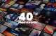A vibrant collage of various artworks celebrating a milestone, featuring contrasting images and colors arranged in a dynamic grid. Bold white text stating "40TH ANNIVERSARY" stands prominently in the center, highlighting this significant occasion with excitement.