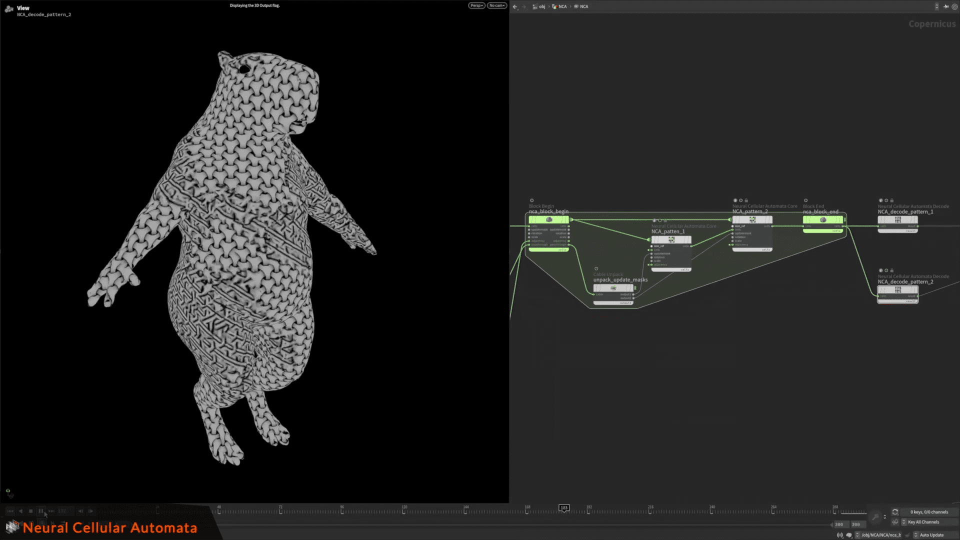 a stylized graphic representation of a standing animal resembling a rodent is displayed in monochrome with intricate geometric patterns filling its body to the right a digital interface showcases flowchartlike nodes in soft greens and whites suggesting a data processing theme all set against a dark backdrop digital production A stylized graphic representation of a standing animal, resembling a rodent, is displayed in monochrome with intricate geometric patterns filling its body. To the right, a digital interface showcases flowchart-like nodes in soft greens and whites, suggesting a data processing theme, all set against a dark backdrop.