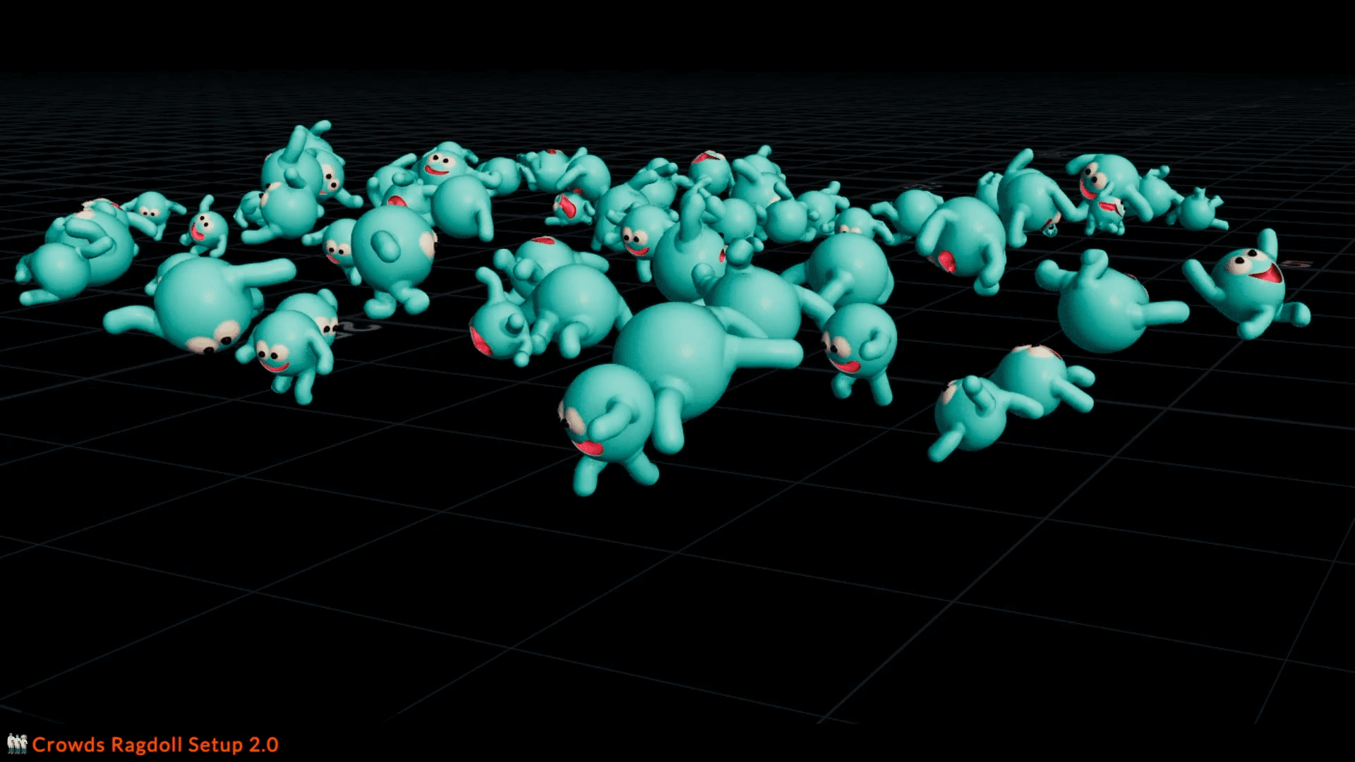 a vibrant cluster of whimsical cartoonish characters each a lively turquoise hue sprawls playfully across a deep black grid background their exaggerated features include wide smiles and oversized eyes giving them a quirky charm while their varied poses create a sense of dynamic motion digital production A vibrant cluster of whimsical, cartoonish characters, each a lively turquoise hue, sprawls playfully across a deep black grid background. Their exaggerated features include wide smiles and oversized eyes, giving them a quirky charm, while their varied poses create a sense of dynamic motion.