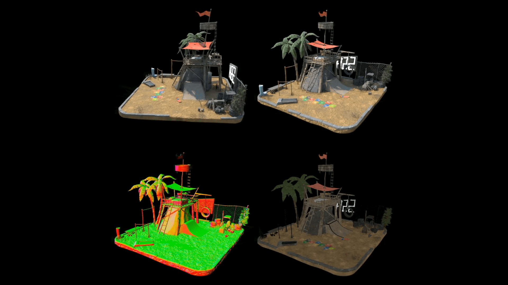 a detailed 3d model showcases a vibrant desert outpost with sandy terrain and scattered debris the structure features wooden barricades adorned with vibrant banners complemented by palm trees swaying gently a clear sky casts dynamic shadows enhancing depth and character digital production A detailed 3D model showcases a vibrant desert outpost with sandy terrain and scattered debris. The structure features wooden barricades adorned with vibrant banners, complemented by palm trees swaying gently. A clear sky casts dynamic shadows, enhancing depth and character.