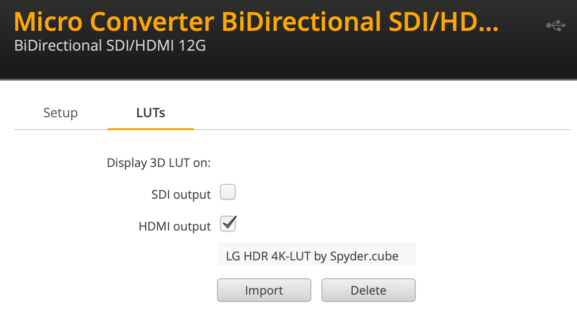 a digital display interface shows settings for a micro converter bidirectional sdihdmi 12g the screen features a sleek black background with bright white and orange text highlighting options for displaying a 3d lut on sdi or hdmi outputs visual elements include toggle buttons for settings like import and delete arranged neatly for easy navigation digital production A digital display interface shows settings for a Micro Converter BiDirectional SDI/HDMI 12G. The screen features a sleek black background with bright white and orange text highlighting options for displaying a 3D LUT on SDI or HDMI outputs. Visual elements include toggle buttons for settings like 'Import' and 'Delete,' arranged neatly for easy navigation.