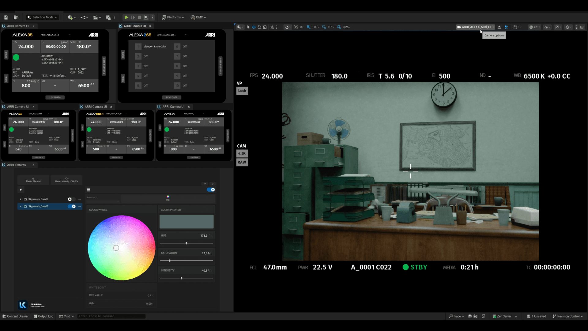 an artistic rendering of a film production interface featuring a dimly lit room filled with vintage props a wooden desk holds several green storage boxes and a large clock hangs on the wall while soft teal tones create a nostalgic atmosphere with a color wheel for lighting adjustments visible digital production An artistic rendering of a film production interface, featuring a dimly lit room filled with vintage props. A wooden desk holds several green storage boxes and a large clock hangs on the wall, while soft teal tones create a nostalgic atmosphere, with a color wheel for lighting adjustments visible.
