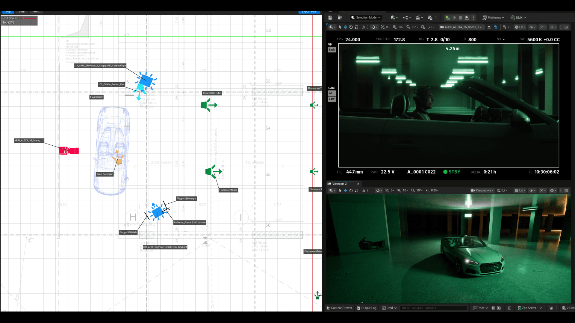 a detailed digital composition showcasing a car scene layout on the left a blueprintlike grid displays a sleek car outline with markers indicating lighting and camera placements the right side features a dynamic night shot of the car under vibrant green lights in a reflective studio space highlighting its polished surfaces digital production A detailed digital composition showcasing a car scene layout. On the left, a blueprint-like grid displays a sleek car outline with markers indicating lighting and camera placements. The right side features a dynamic night shot of the car under vibrant green lights in a reflective studio space, highlighting its polished surfaces.