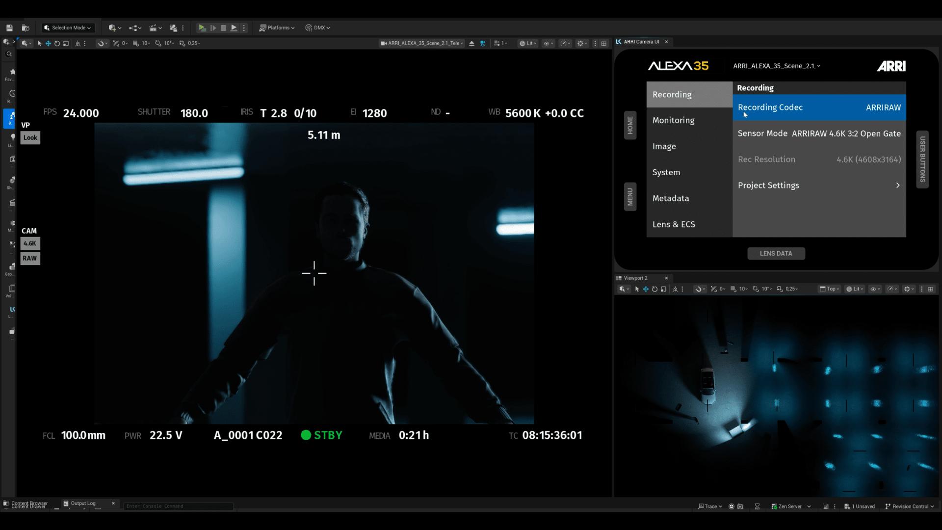 in a dimly lit film studio a figure stands with arms extended silhouetted against a backdrop of striking blue and white lights the screen displays technical settings from an arri camera detailing film specifications the atmosphere evokes a sense of anticipation and focus digital production In a dimly lit film studio, a figure stands with arms extended, silhouetted against a backdrop of striking blue and white lights. The screen displays technical settings from an ARRI camera, detailing film specifications. The atmosphere evokes a sense of anticipation and focus.