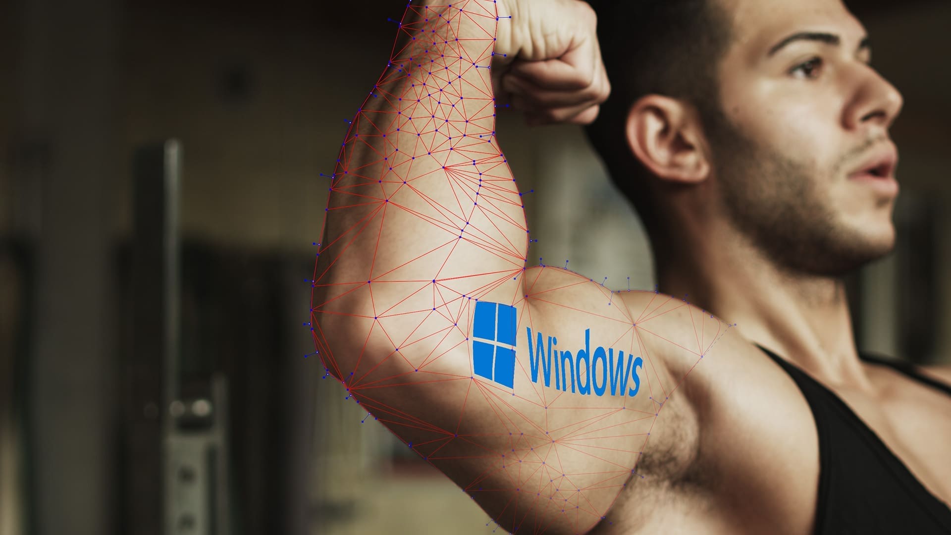 a muscular man flexes his arm in a dimly lit gym showcasing his toned bicep adorned with a blue windows logo the background features blurred gym equipment creating a sense of depth and focus on his powerful silhouette digital production A muscular man flexes his arm in a dimly lit gym, showcasing his toned bicep adorned with a blue Windows logo. The background features blurred gym equipment, creating a sense of depth and focus on his powerful silhouette.