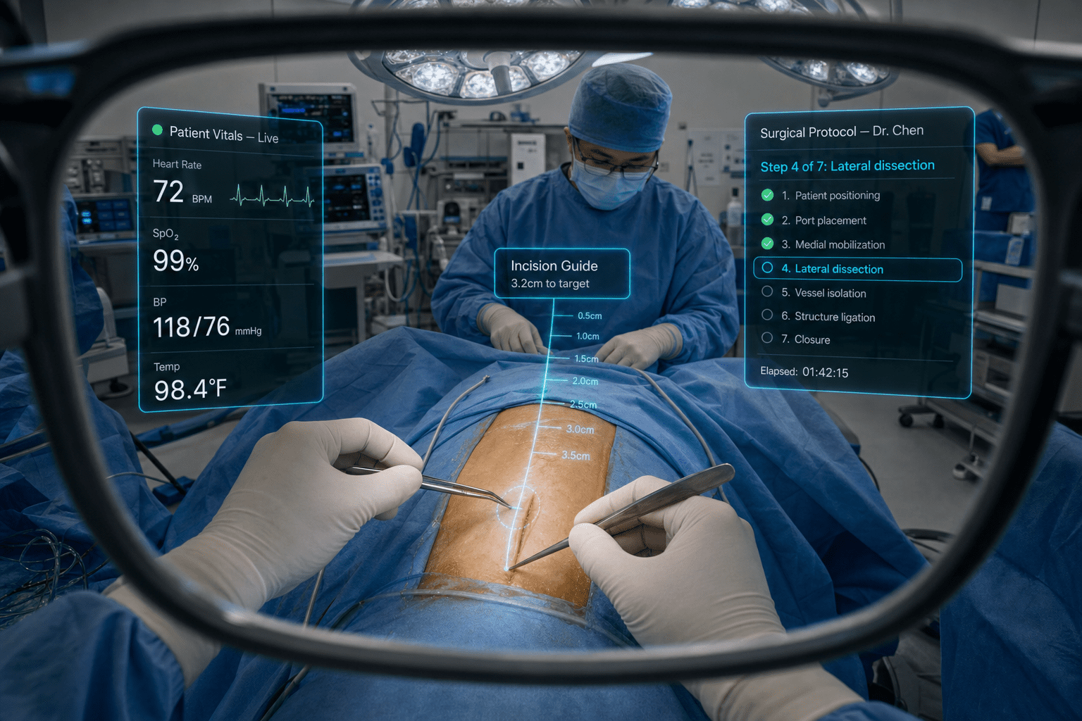 in a modern operating room a surgeon in blue scrubs and a mask is meticulously performing a surgical procedure an augmented reality interface overlays patient vitals and an incision guide on the patients abdomen highlighting a meticulous lateral dissection step surgical instruments glint under the bright lights while various medical equipment fills the background digital production In a modern operating room, a surgeon in blue scrubs and a mask is meticulously performing a surgical procedure. An augmented reality interface overlays patient vitals and an incision guide on the patient's abdomen, highlighting a meticulous lateral dissection step. Surgical instruments glint under the bright lights, while various medical equipment fills the background.